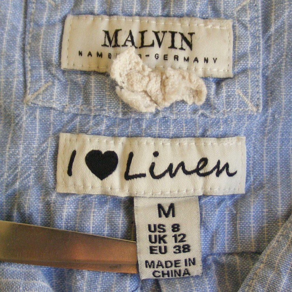 MALVIN Linen Dress, M, Blue, thin white stripe, Mini, Pockets, Sash belt - Picture 11 of 14